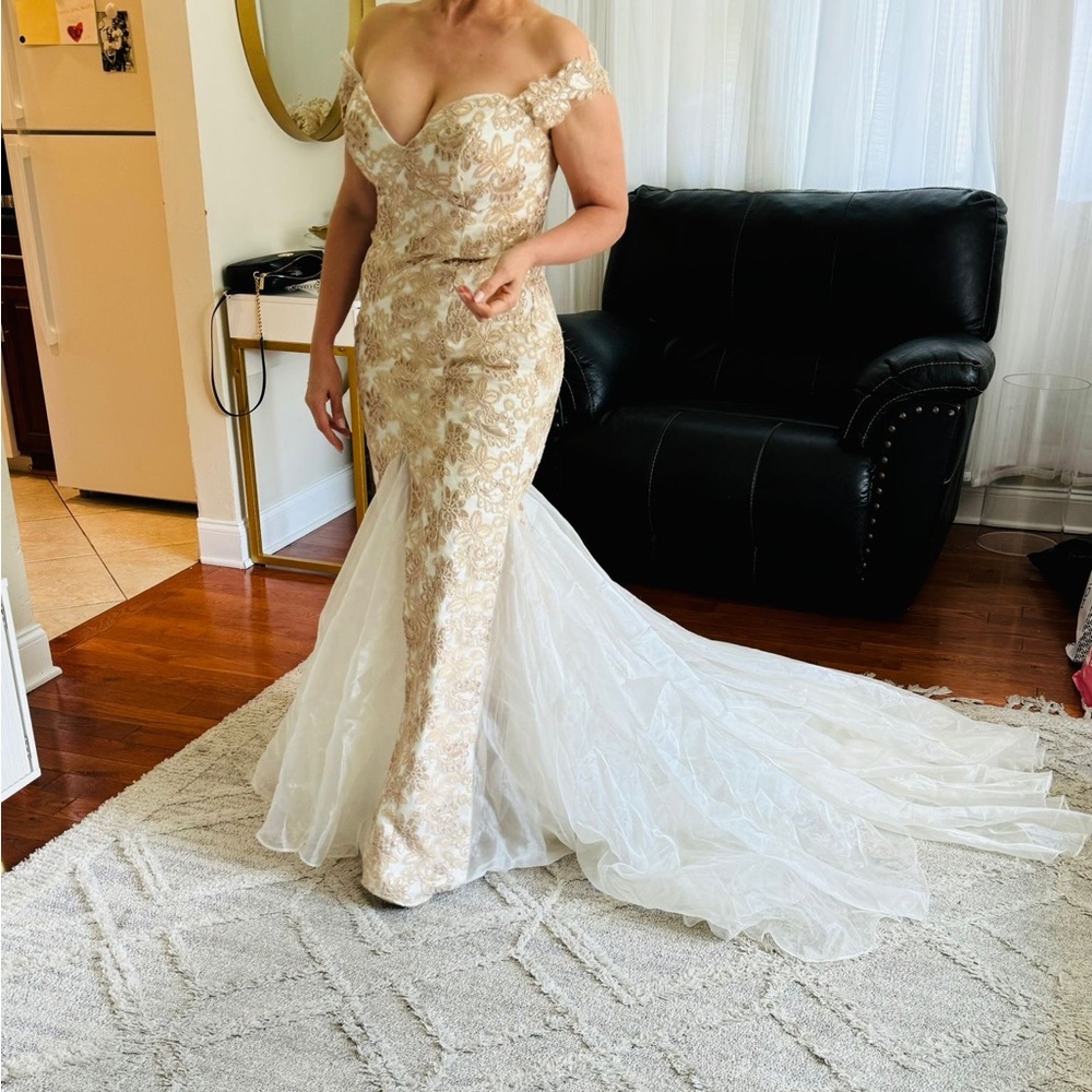 White/gold custom made formal dress